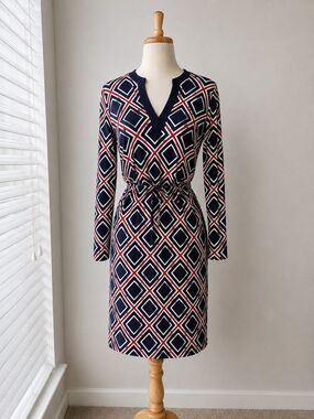 Tommy Hilfiger Navy Diamond-Print Long Sleeve Tie-Waist Dress